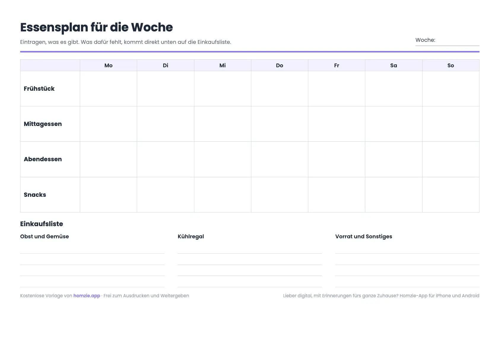 Essensplan-Vorlage für die Woche mit Einkaufsliste