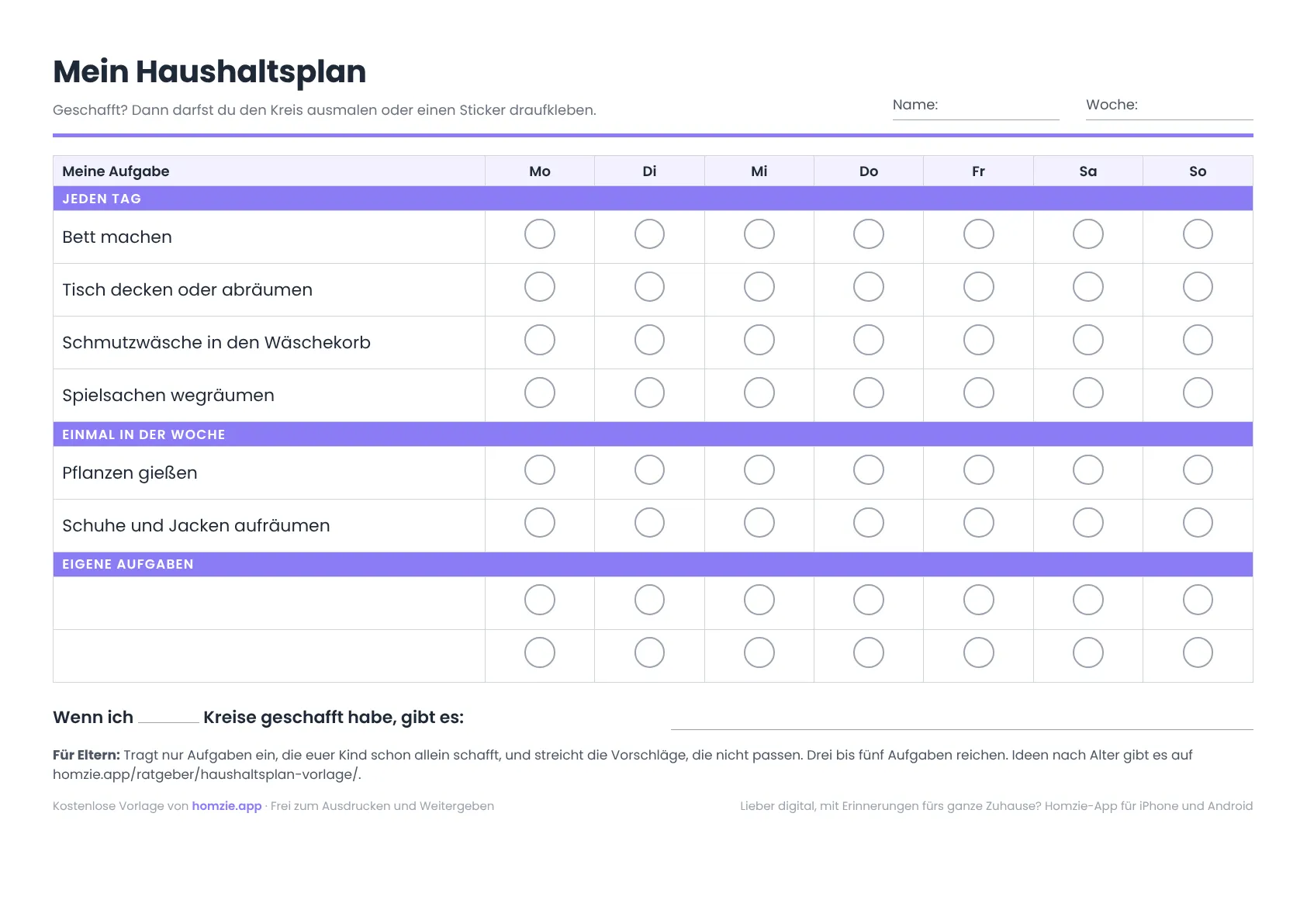 Haushaltsplan für Kinder mit Aufgaben wie Bett machen und Tisch decken, Kreisen zum Ausmalen von Montag bis Sonntag und einem Feld für eine Belohnung