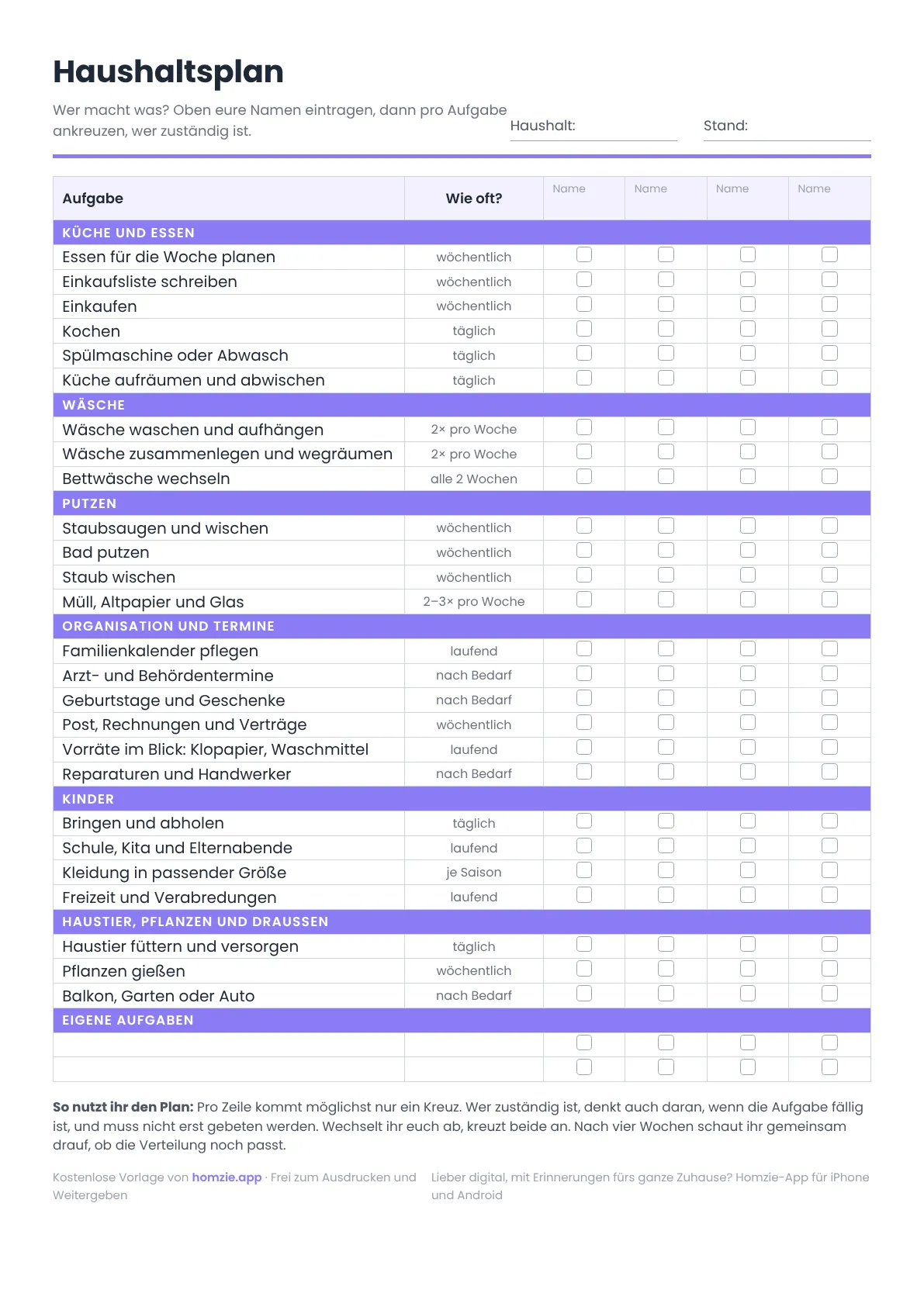 Haushaltsplan-Vorlage mit 26 Aufgaben aus Küche, Wäsche, Putzen, Organisation, Kindern und Haustier, jeweils mit Rhythmus und vier Spalten für Namen zum Ankreuzen