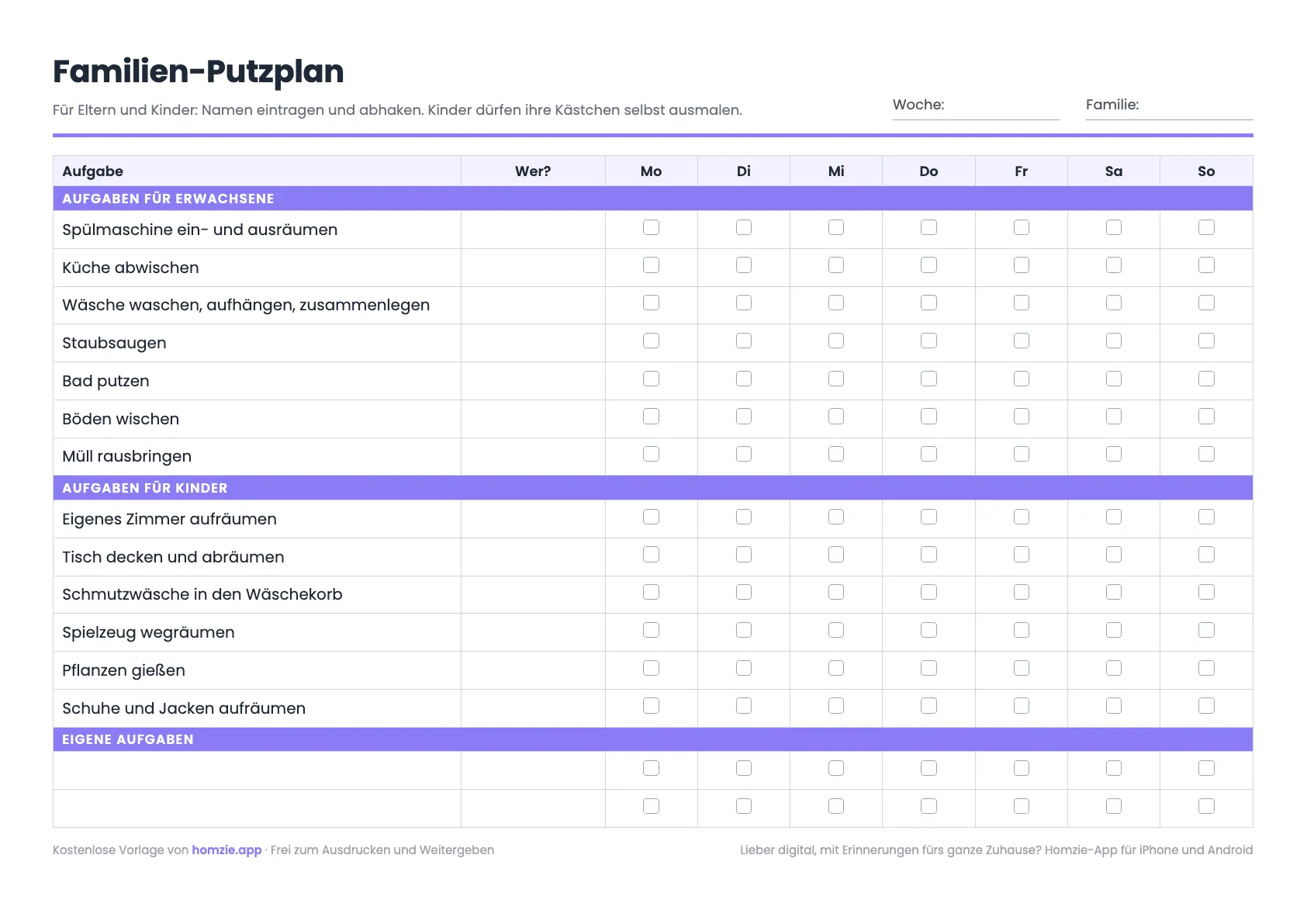 Familien-Putzplan als Vorlage mit Aufgaben für Erwachsene und für Kinder, Spalte für Namen und Kästchen von Montag bis Sonntag