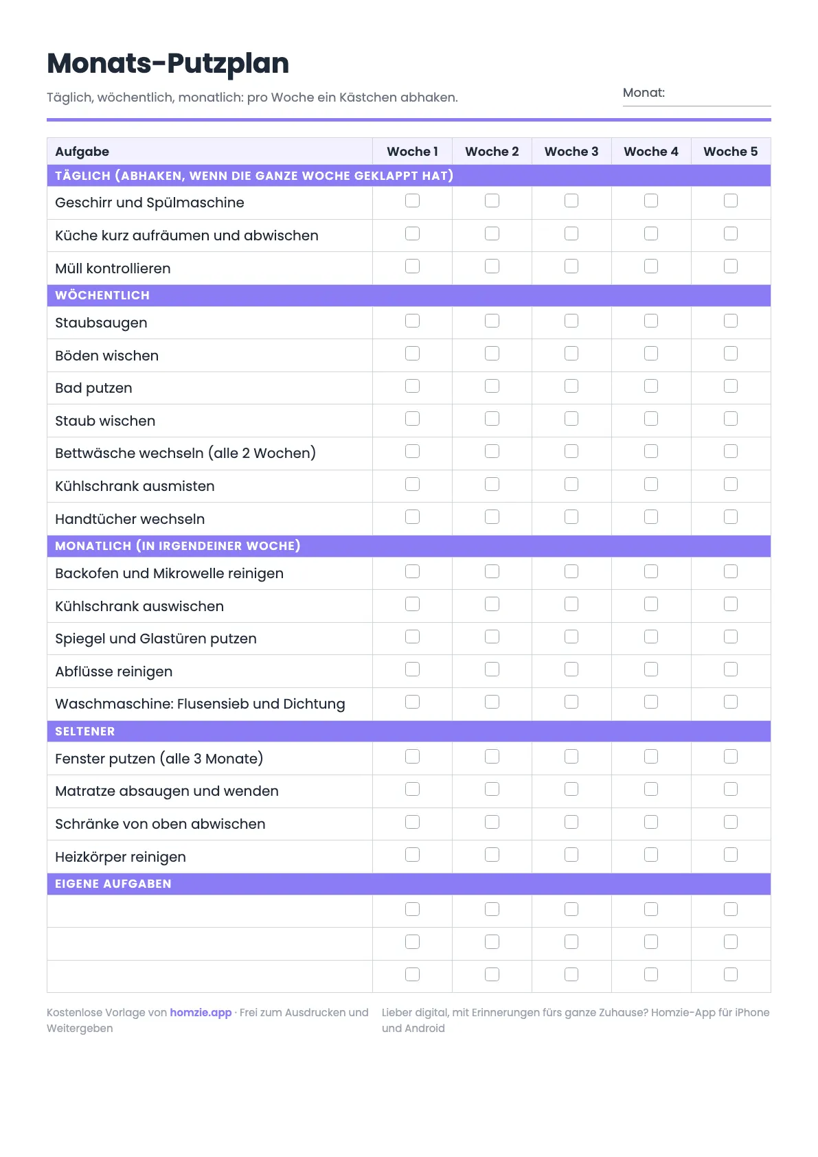 Monats-Putzplan als Vorlage im Hochformat mit Aufgaben für täglich, wöchentlich, monatlich und seltener sowie Kästchen für Woche 1 bis 5
